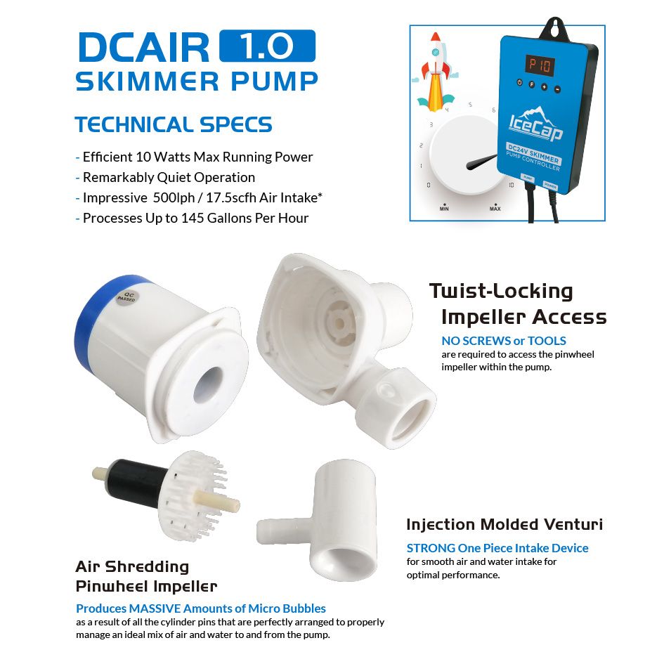 IceCap DCAIR-1.0 DC pinwheel skimmer pump - twist-locking impeller access and venturi