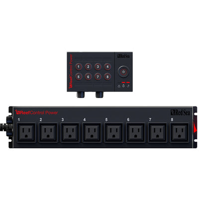 Red Sea ReefControl Power 8 Control Panel shown with the eight-outlet Power 8 smart power center it controls