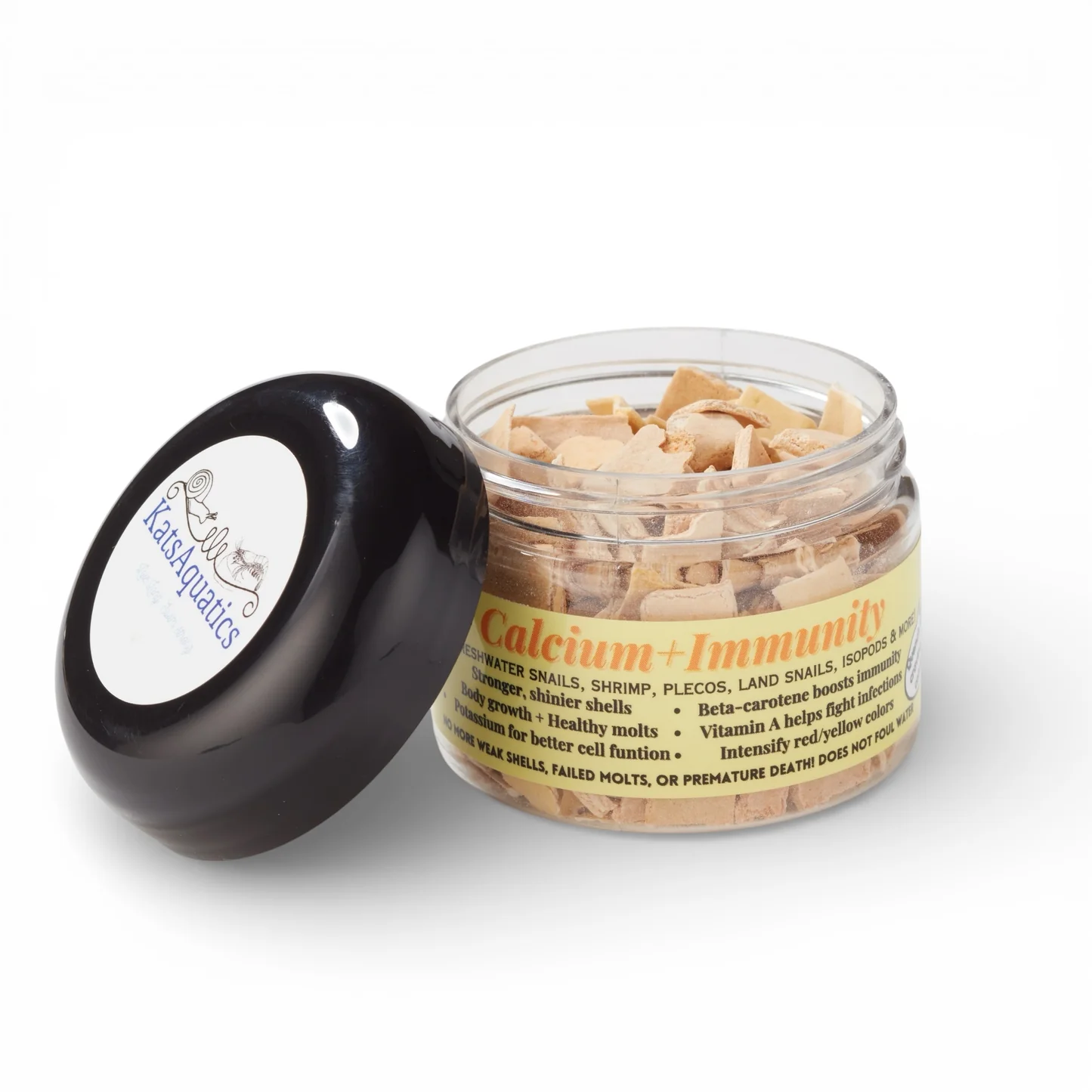 KatsAquatics Calcium + Immunity jar with orange calcium chips for freshwater shrimp, snails, and plecos
