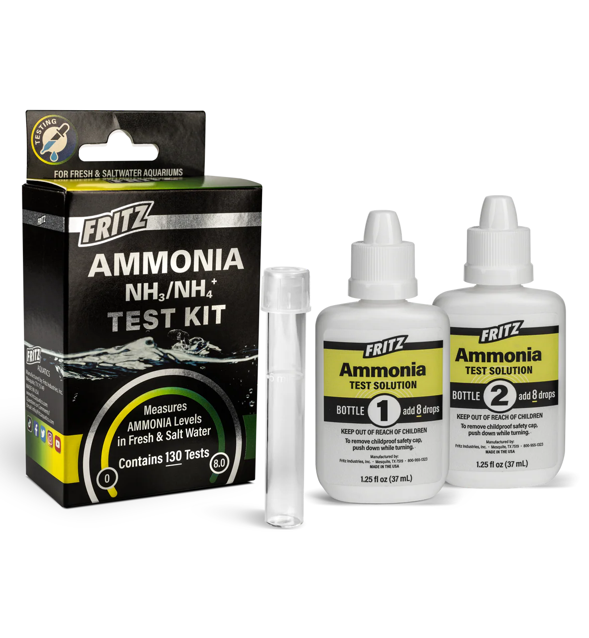 Fritz Ammonia Test Kit box with sample tube and two reagent bottles for freshwater and saltwater aquariums