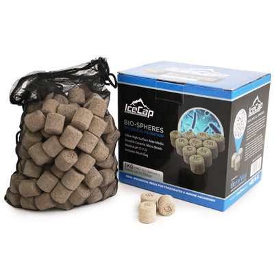IceCap Bio-Spheres ceramic biological filter media in a mesh bag beside the 1KG retail box