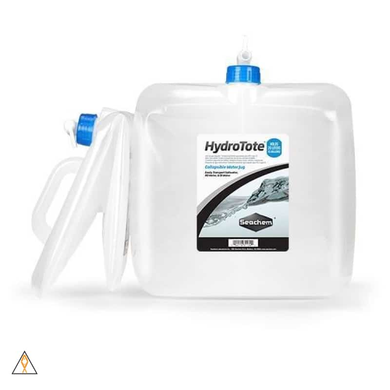 Seachem HydroTote collapsible water jug with label for transporting RO, DI, and saltwater