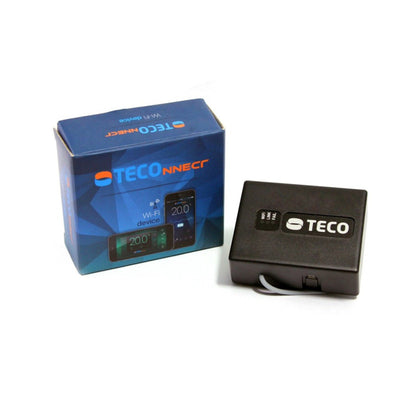 TECOnnect WiFi module and box, with the TECO app showing aquarium temperature on a phone