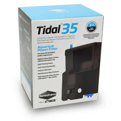 Seachem Tidal 35 aquarium power filter retail box with product image and key features.