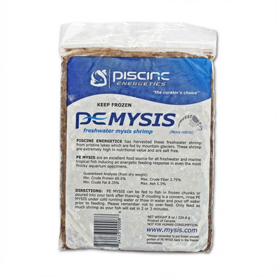 Piscine Energetics PE Mysis frozen flat pack showing guaranteed analysis and feeding directions