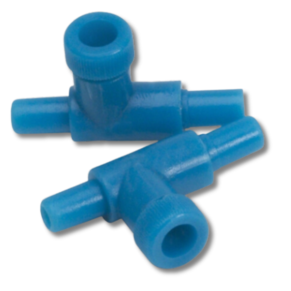 Blue plastic plumbing fitting on a white background