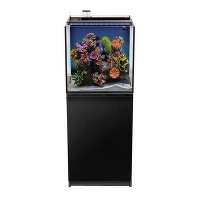 Aquatop Recife ECO reef aquarium with coral on a black cabinet stand