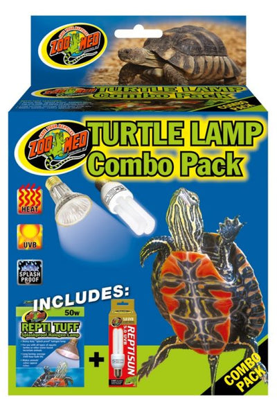 Zoo Med Turtle Lamp Combo Pack box with 50W splashproof halogen basking lamp and ReptiSun 5.0 UVB bulb