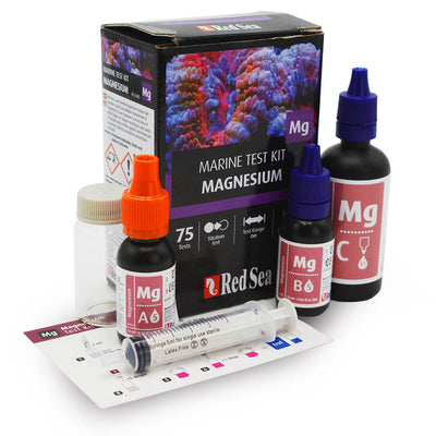 Red Sea Magnesium marine test kit box with Mg-A, Mg-B, and Mg-C reagent bottles, titration color card, and dosing syringe