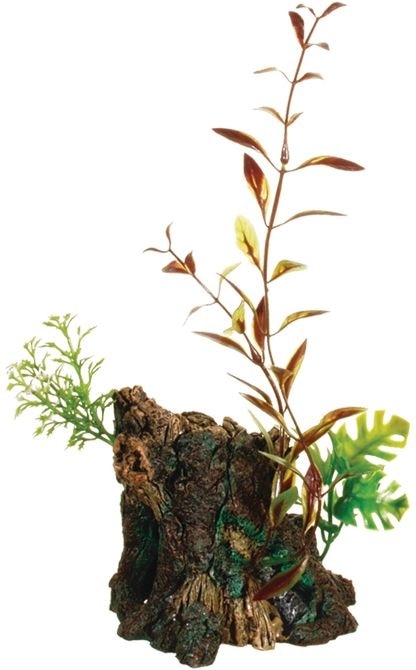 Marina Decor Wood Ornament with tall red-brown and green artificial stem plants on a driftwood base for a freshwater aquarium
