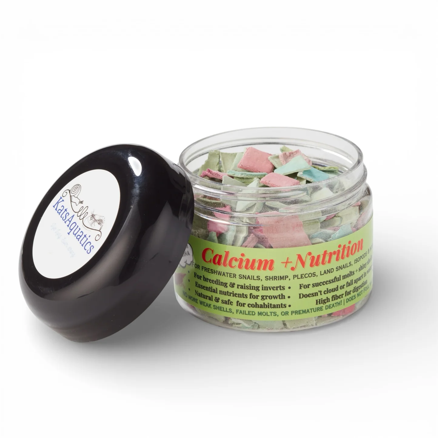 KatsAquatics Calcium + Nutrition jar with green and red calcium chips for freshwater shrimp, snails, and plecos