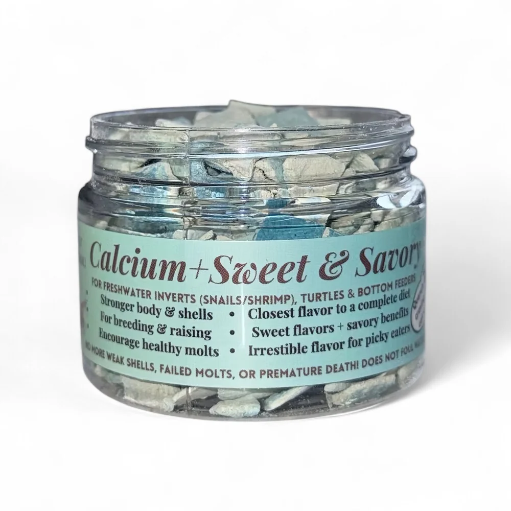 KatsAquatics Calcium + Sweet & Savory jar with blue-green calcium chips for freshwater shrimp, snails, and plecos