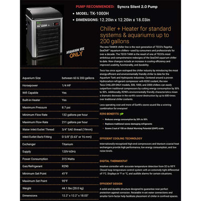 TECO TK chiller specification sheet with dimensions, flow rates, horsepower, and features