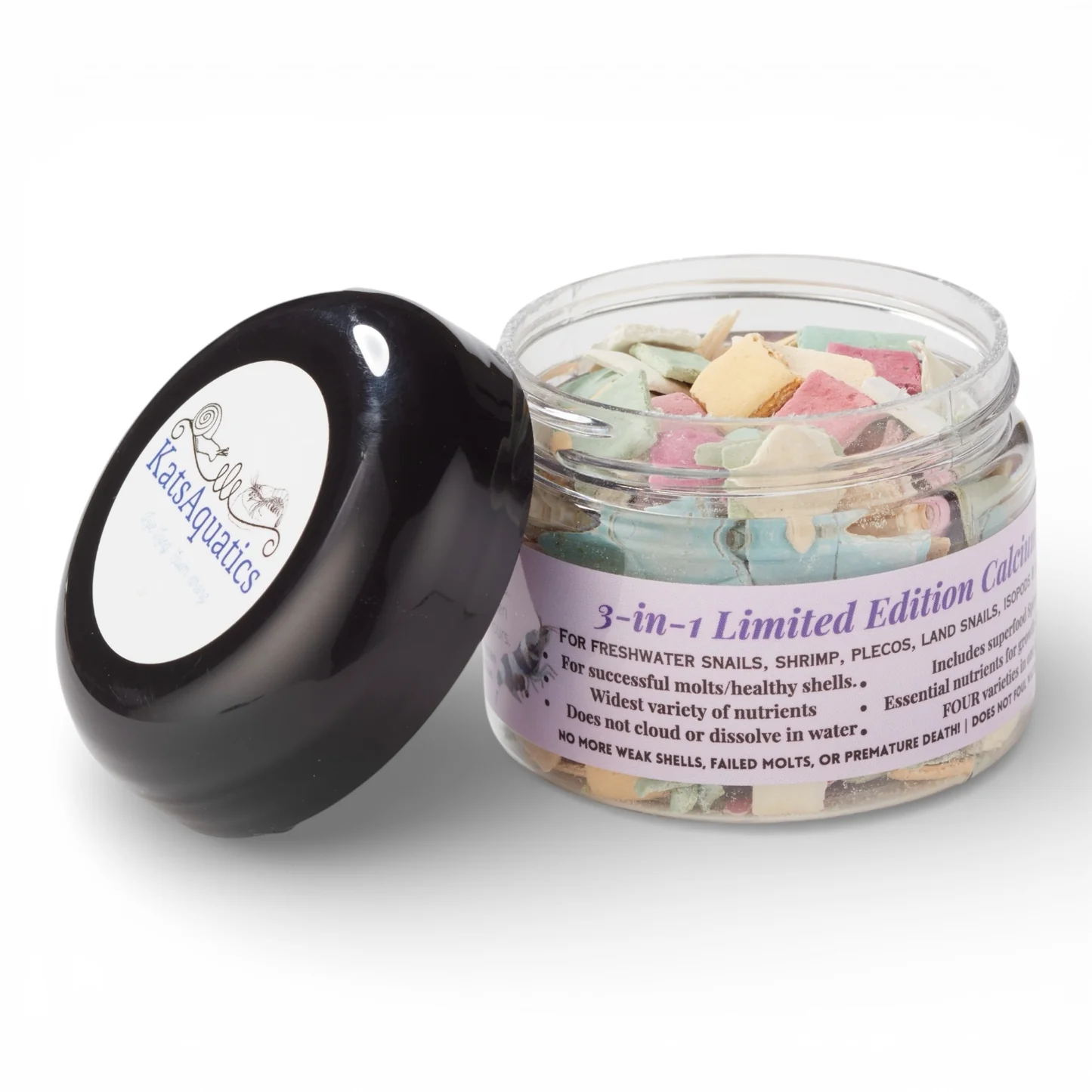 KatsAquatics 3-in-1 Limited Edition Calcium jar with a mix of colored calcium chips for freshwater shrimp, snails, and plecos