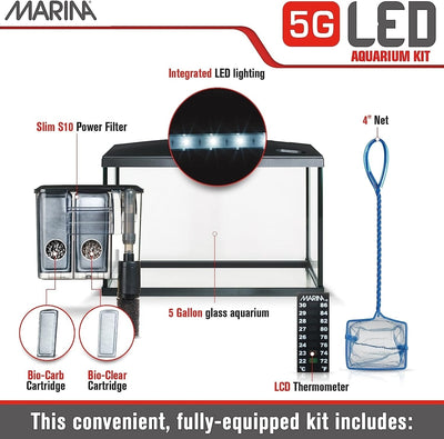 Marina 5G LED kit components labeled: integrated LED lighting, Slim S10 filter, Bio-Carb and Bio-Clear cartridges, net, thermometer, and 5 gallon glass aquarium