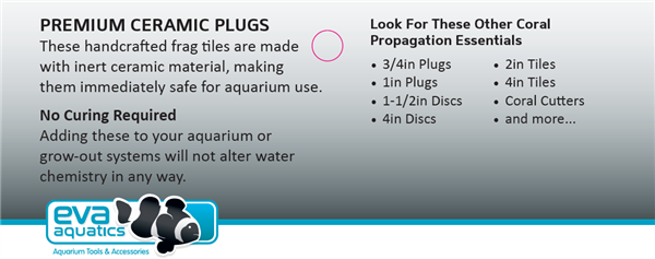 Eva Aquatics frag tile info panel: handcrafted inert ceramic, reef-safe, no curing required