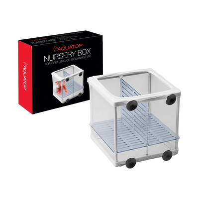 Aquatop Nursery Box - clear in-tank breeder box with suction cups and mesh net, shown with retail packaging