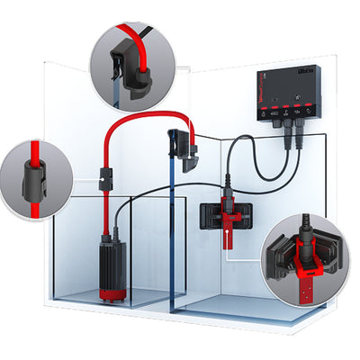 Red Sea ReefControl ATO Module installed on an aquarium showing the mounted sensor, DC pump, tubing, and controller