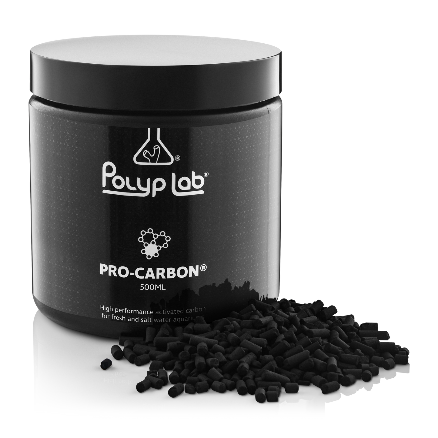 PolypLab Pro-Carbon jar beside a pile of black pelletized activated carbon