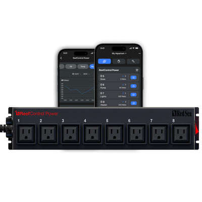 Red Sea ReefControl Power 8 smart power center with the ReefBeat app showing outlet control on a smartphone