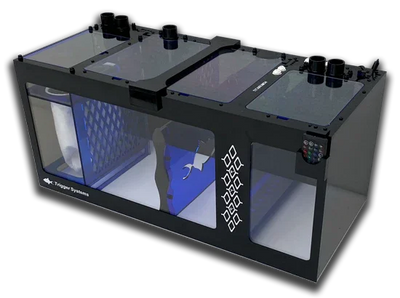 Trigger Systems aquarium sump filter with clear panels and blue interior compartments