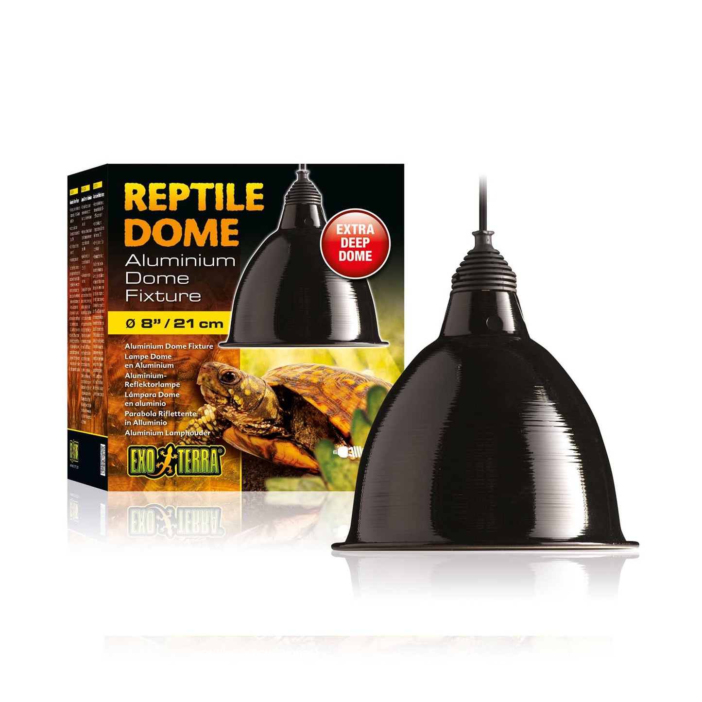 Exo Terra Reptile Dome large 8 inch aluminum reflector fixture beside its packaging