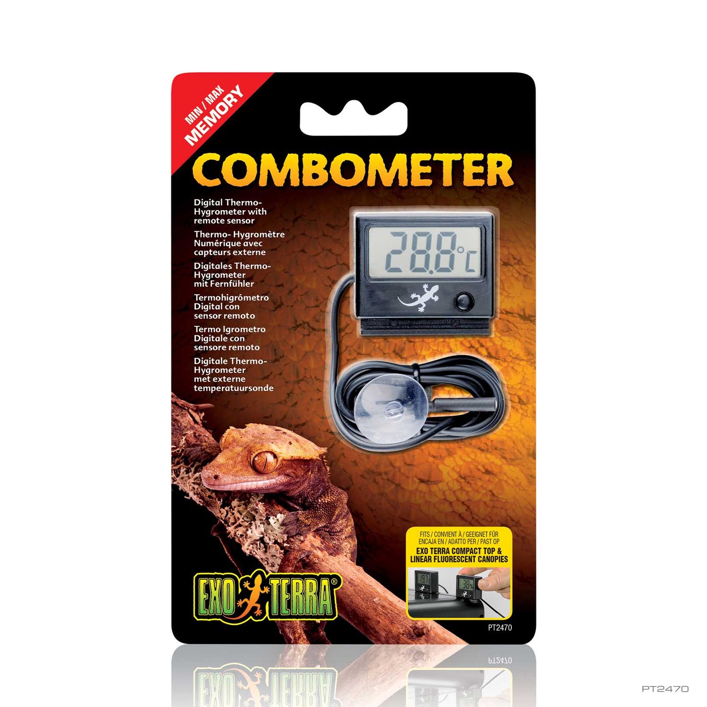 Exo Terra Digital Combometer thermo-hygrometer in retail packaging with the display and remote sensor probe