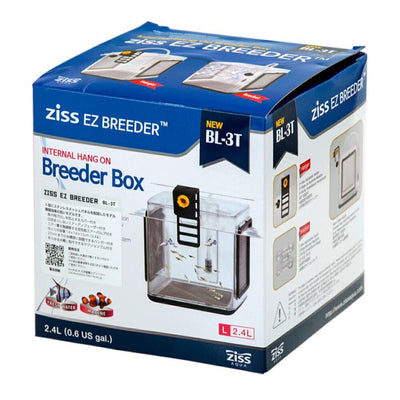 Ziss EZ Breeder Box BL-3T retail packaging, 2.4L hang-on breeding and isolation box