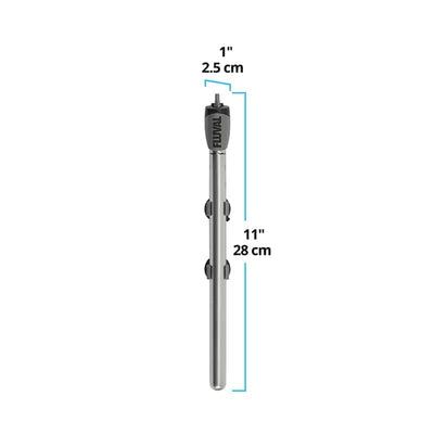 Fluval M50 mirror-glass heater dimensions diagram, 11 inches tall with a top control dial