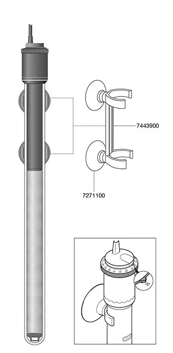 Aquarium heater with suction cup mounts and adjustable temperature dial, technical diagram