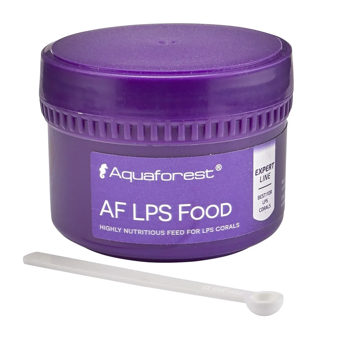 Aquaforest AF LPS Food open jar with white measuring scoop for LPS corals