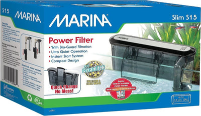 Marina Slim S15 Power Filter box, quiet hang-on-back filter with Bio-Guard filtration and Ceramitek media for freshwater aquariums up to 15 gallons
