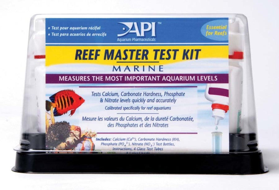 API Reef Master Test Kit box with liquid reagent bottles and test tubes