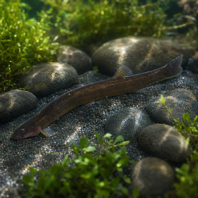 Black Kuhli Loach (Pangio oblonga) freshwater eel-shaped bottom dweller on sand