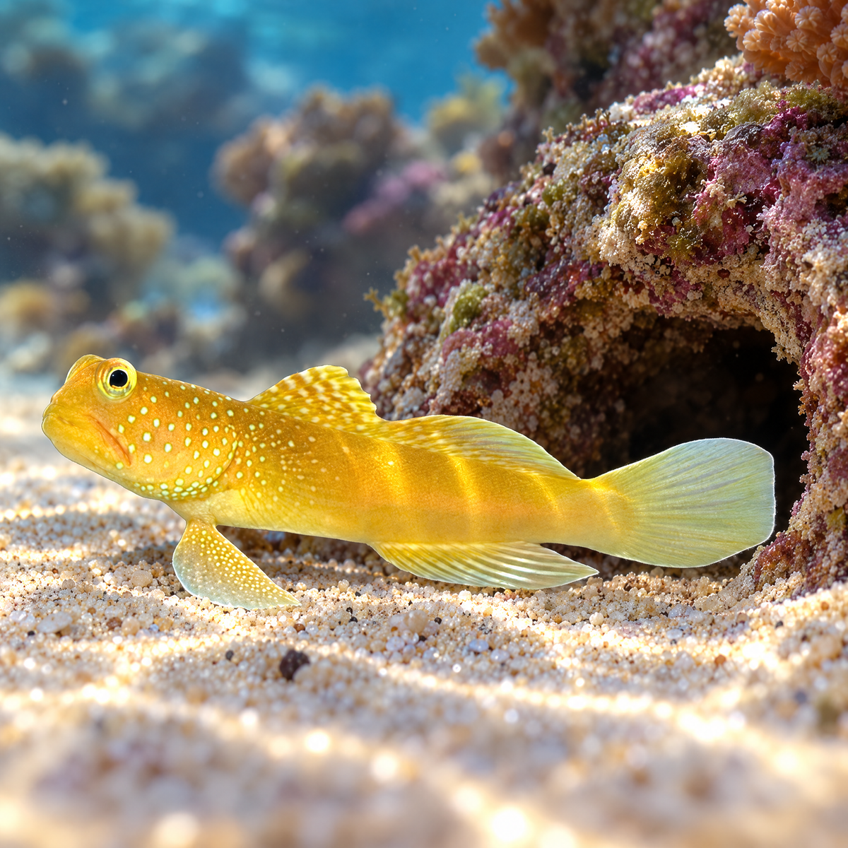 True Yellow Watchman Goby (Cryptocentrus cinctus) saltwater goby resting on sand at the mouth of its burrow