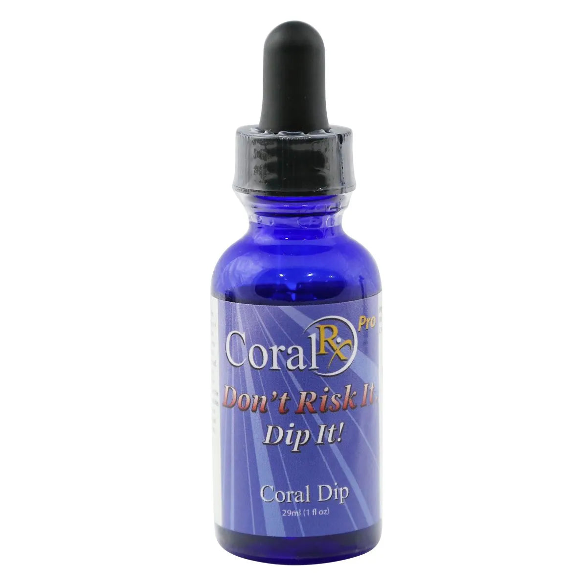 Blue bottle with dropper labeled 'Coral Rx' on a white background