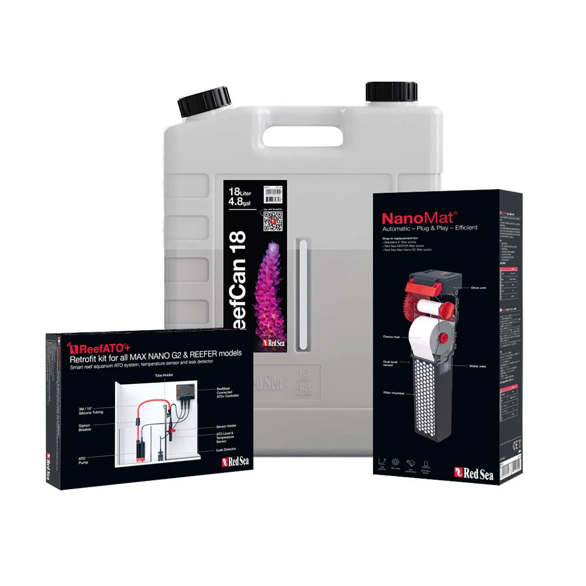 Red Sea MAX NANO G2 Pro Kit with ReefCan 18 ATO reservoir, ReefATO+ retrofit kit, and NanoMat automatic roller filter