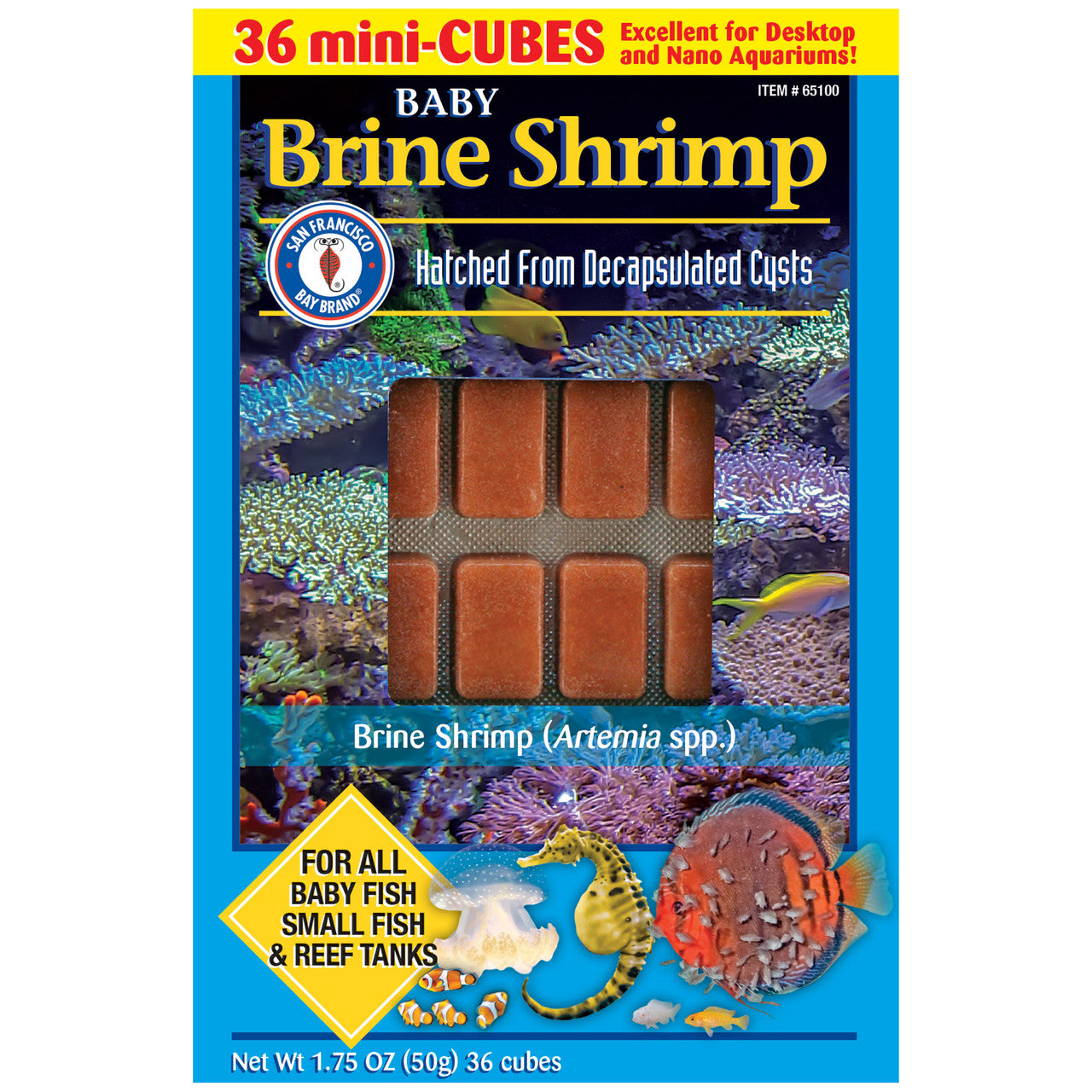 SFBB Frozen Baby Brine Shrimp box, 36 frozen baby brine shrimp mini-cubes, a first food for fry and reef tanks, 1.75 oz