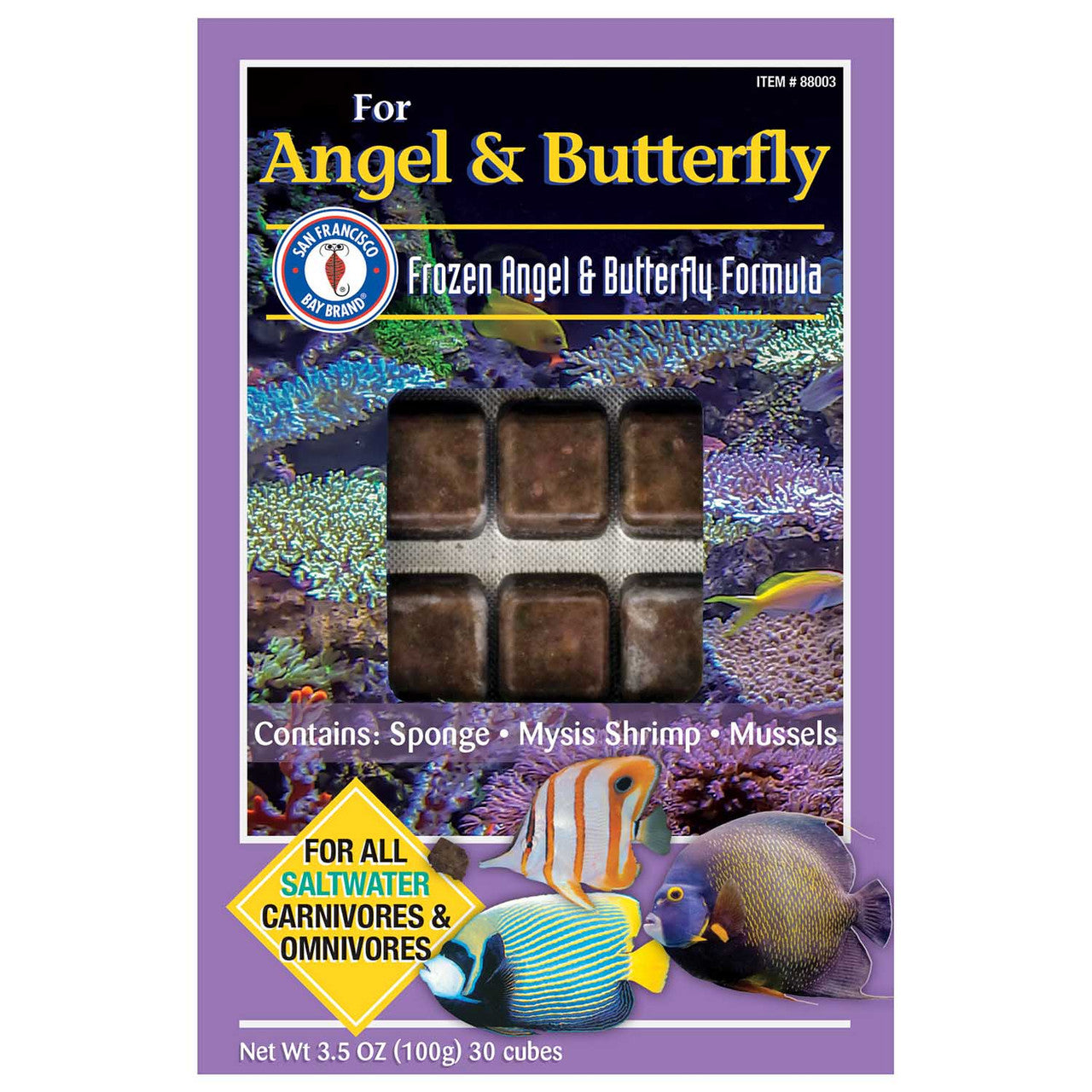 San Francisco Bay Brand Angel & Butterfly frozen food, 3.5 oz 30-cube sponge, mysis shrimp, and mussel formula for saltwater angelfish and butterflyfish