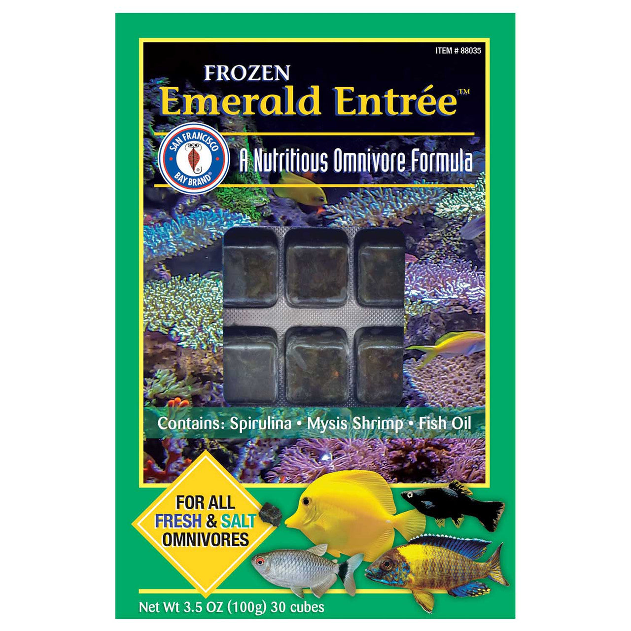 SFBB Frozen Emerald Entree box, 30 frozen omnivore cubes with spirulina and mysis for fresh and saltwater fish, 3.5 oz