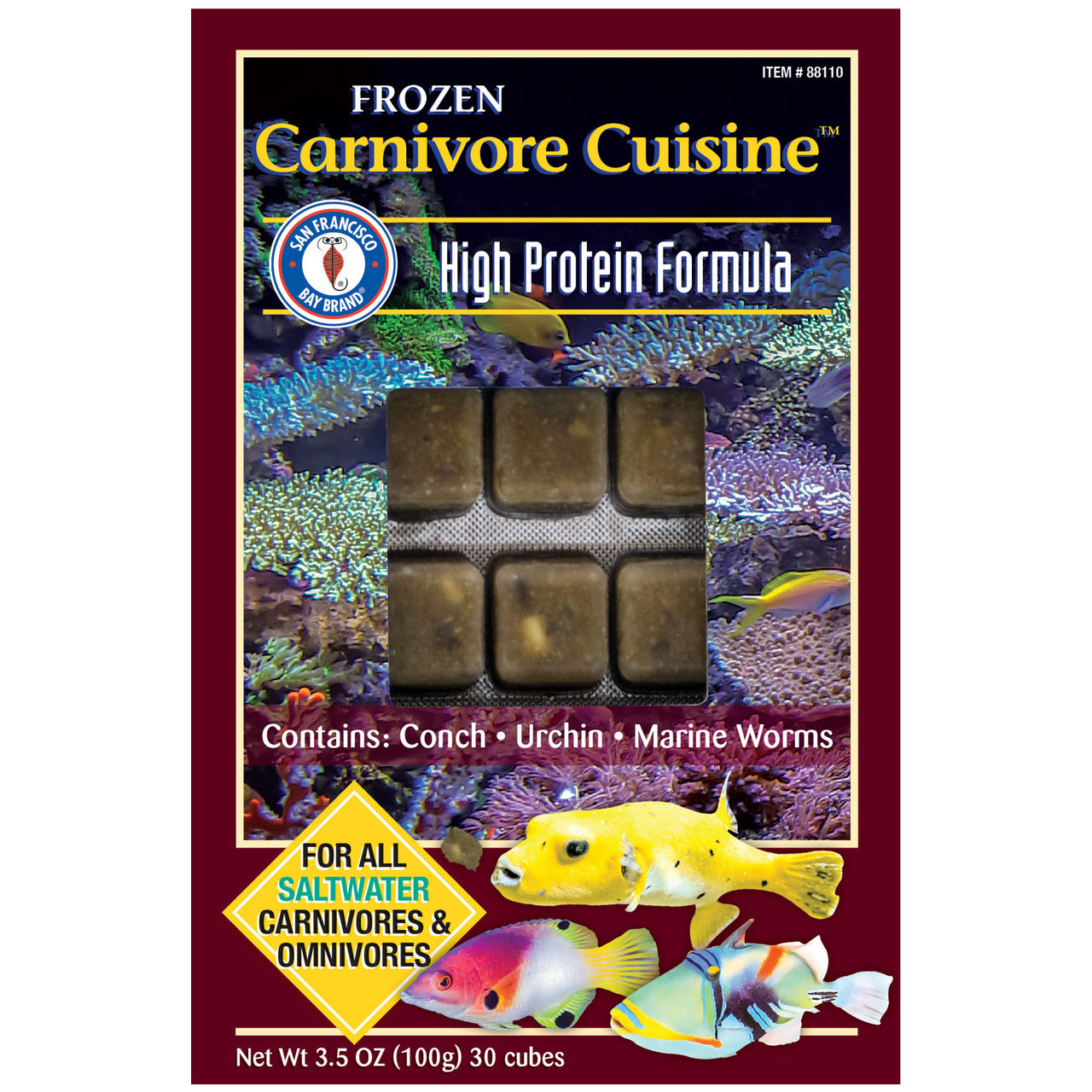 San Francisco Bay Brand Carnivore Cuisine frozen food, 3.5 oz 30-cube high-protein blend of conch, urchin, and marine worms for saltwater fish