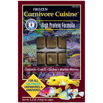 San Francisco Bay Brand Carnivore Cuisine frozen food, 3.5 oz 30-cube high-protein blend of conch, urchin, and marine worms for saltwater fish