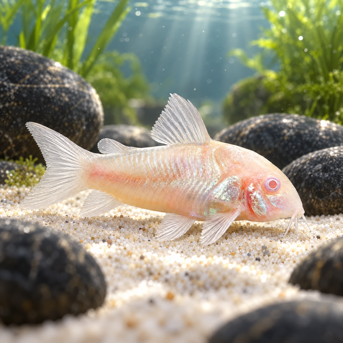 Albino Cory (Corydoras aeneus) freshwater catfish, pale pink body and red eyes, resting on sand