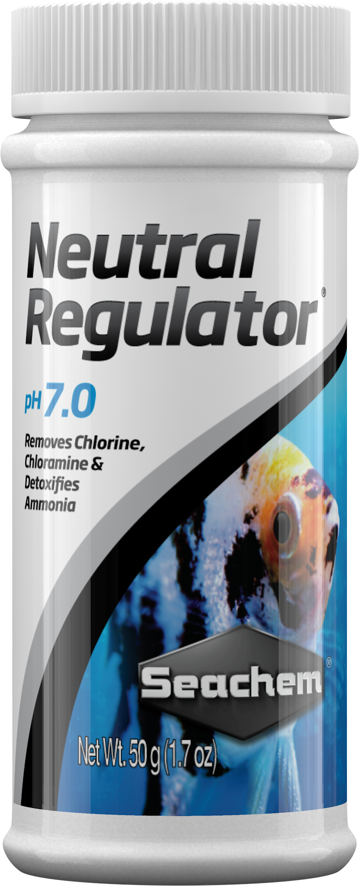 Seachem Neutral Regulator bottle front, freshwater pH 7.0 buffer that removes chlorine and chloramine