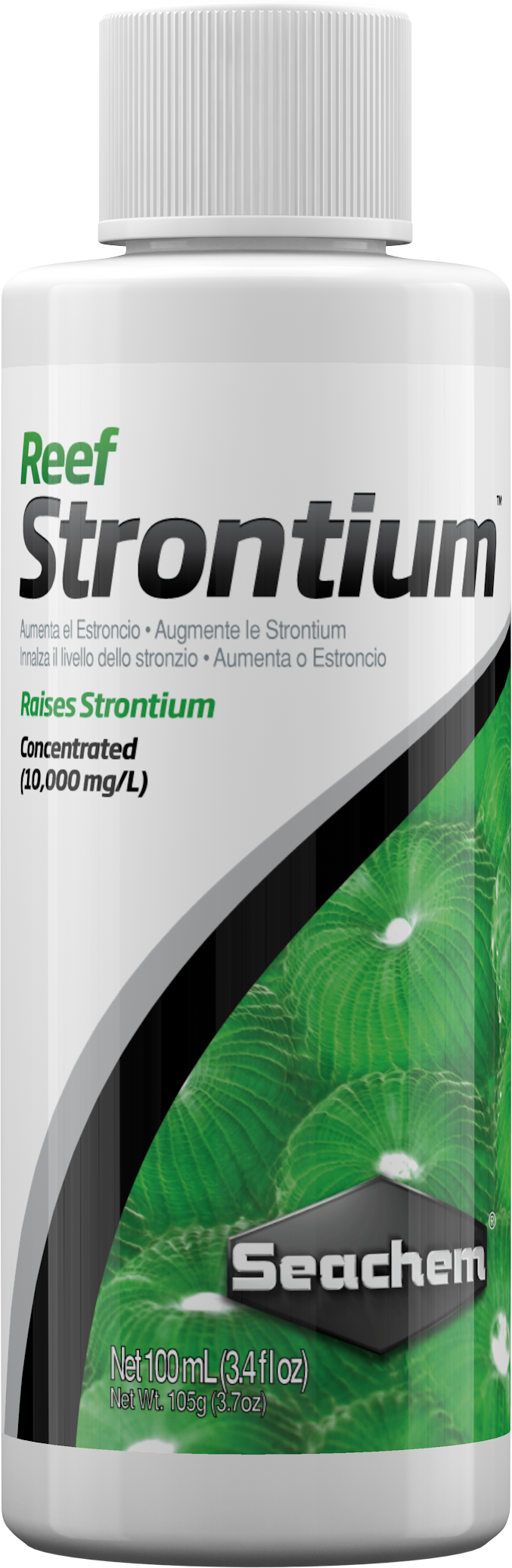Seachem Reef Strontium bottle front, concentrated strontium supplement for reef aquariums
