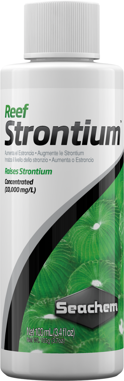 Seachem Reef Strontium bottle front, concentrated strontium supplement for reef aquariums
