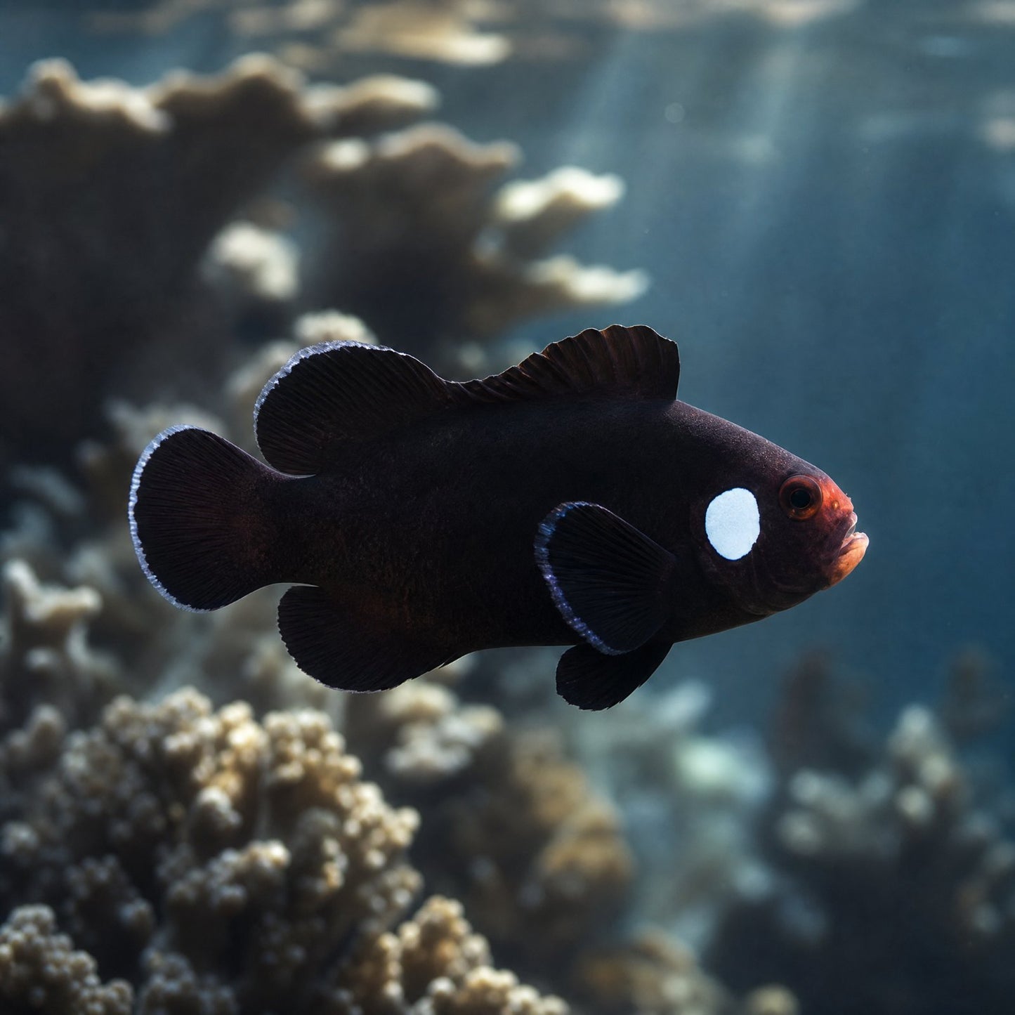 Domino Clownfish (Amphiprion ocellaris), a jet-black designer clownfish with a single white cheek spot, over reef rock