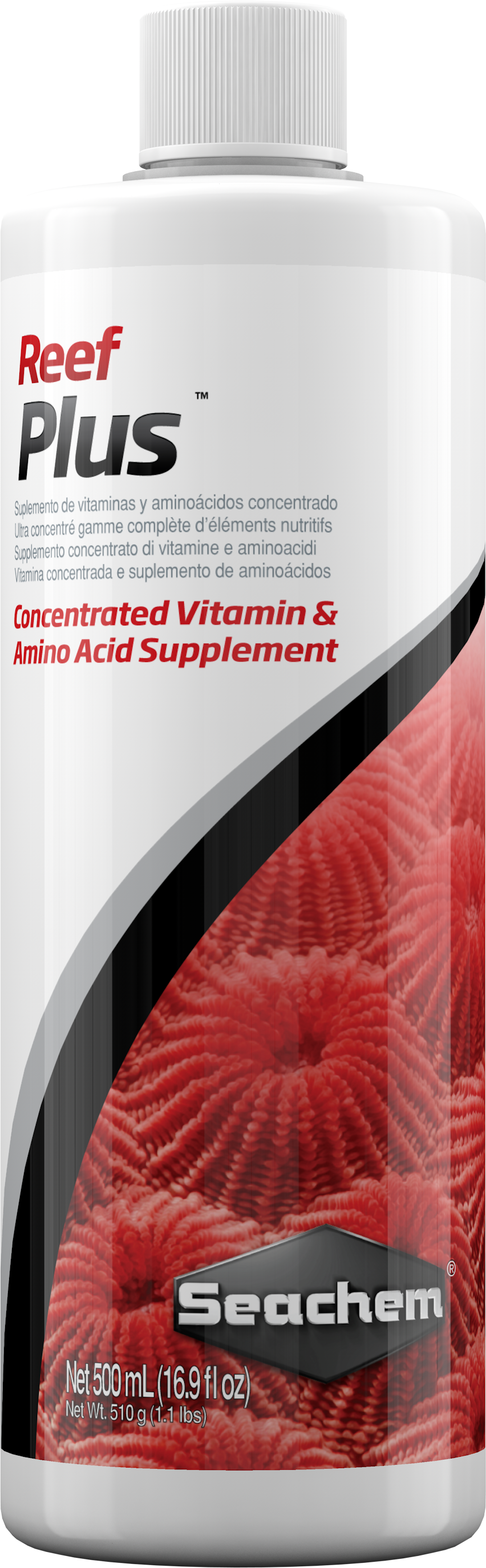 Seachem Reef Plus 500 mL bottle, reef vitamin and amino acid supplement for corals
