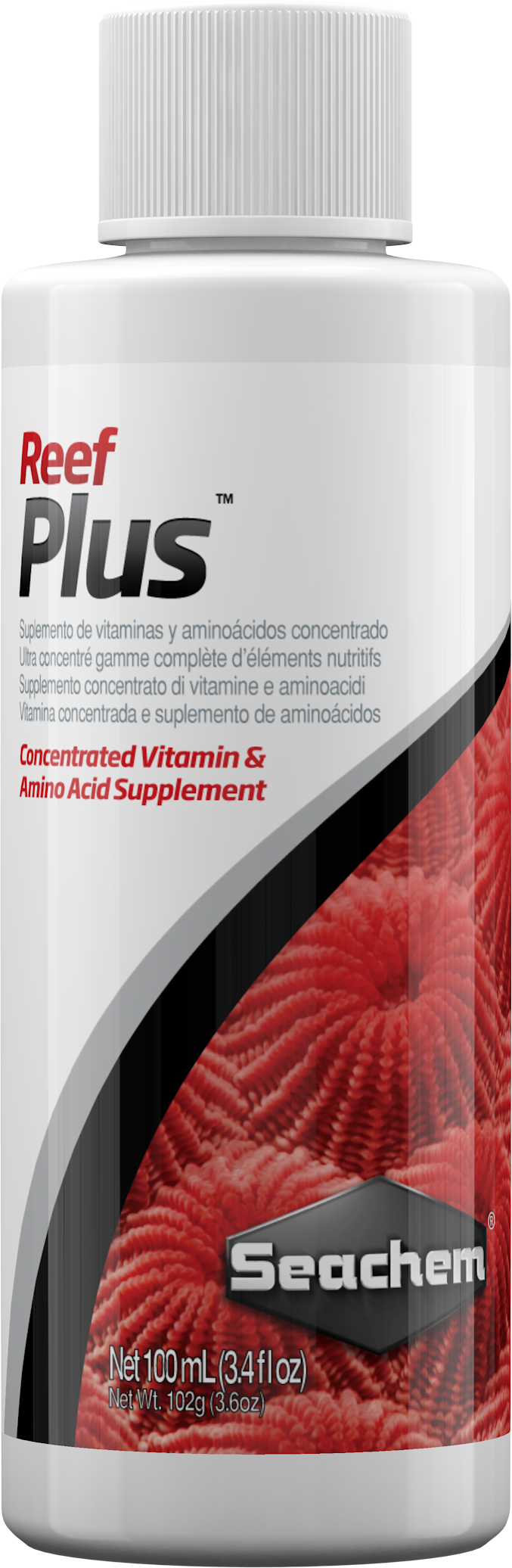 Seachem Reef Plus 100 mL bottle, reef vitamin and amino acid supplement