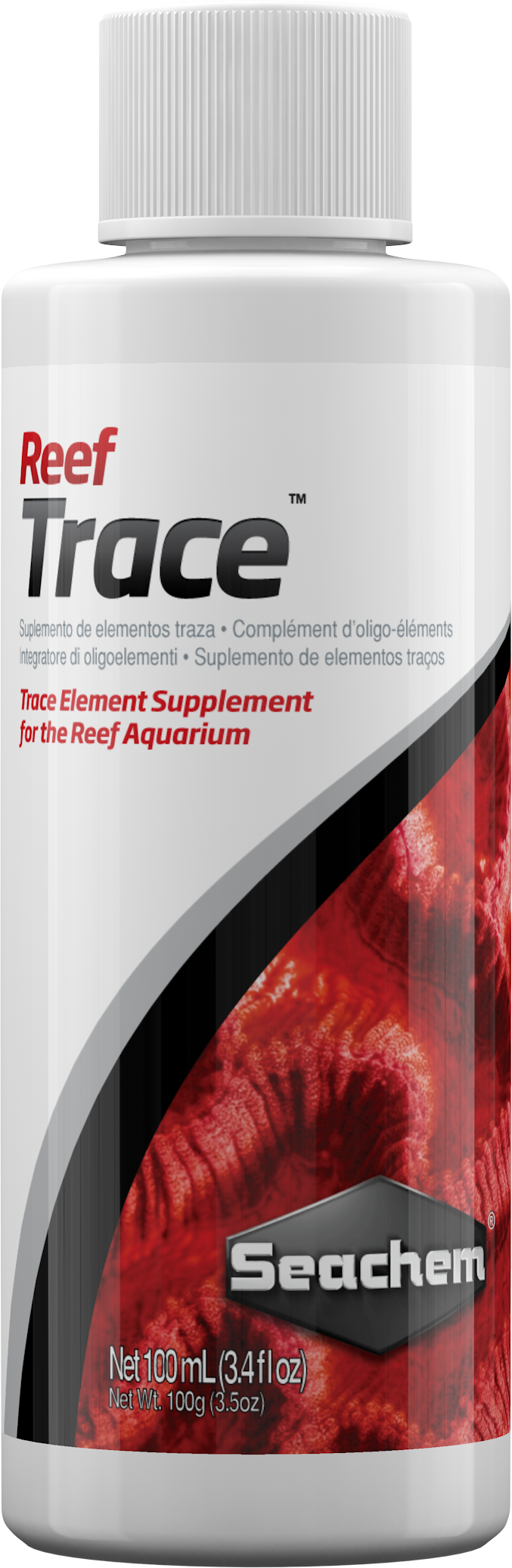 Seachem Reef Trace bottle front, broad-range trace element supplement for reef aquariums